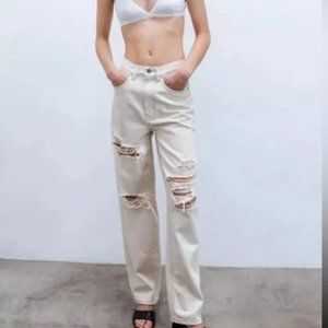 Distressed High Rise Baggy Beige Jeans